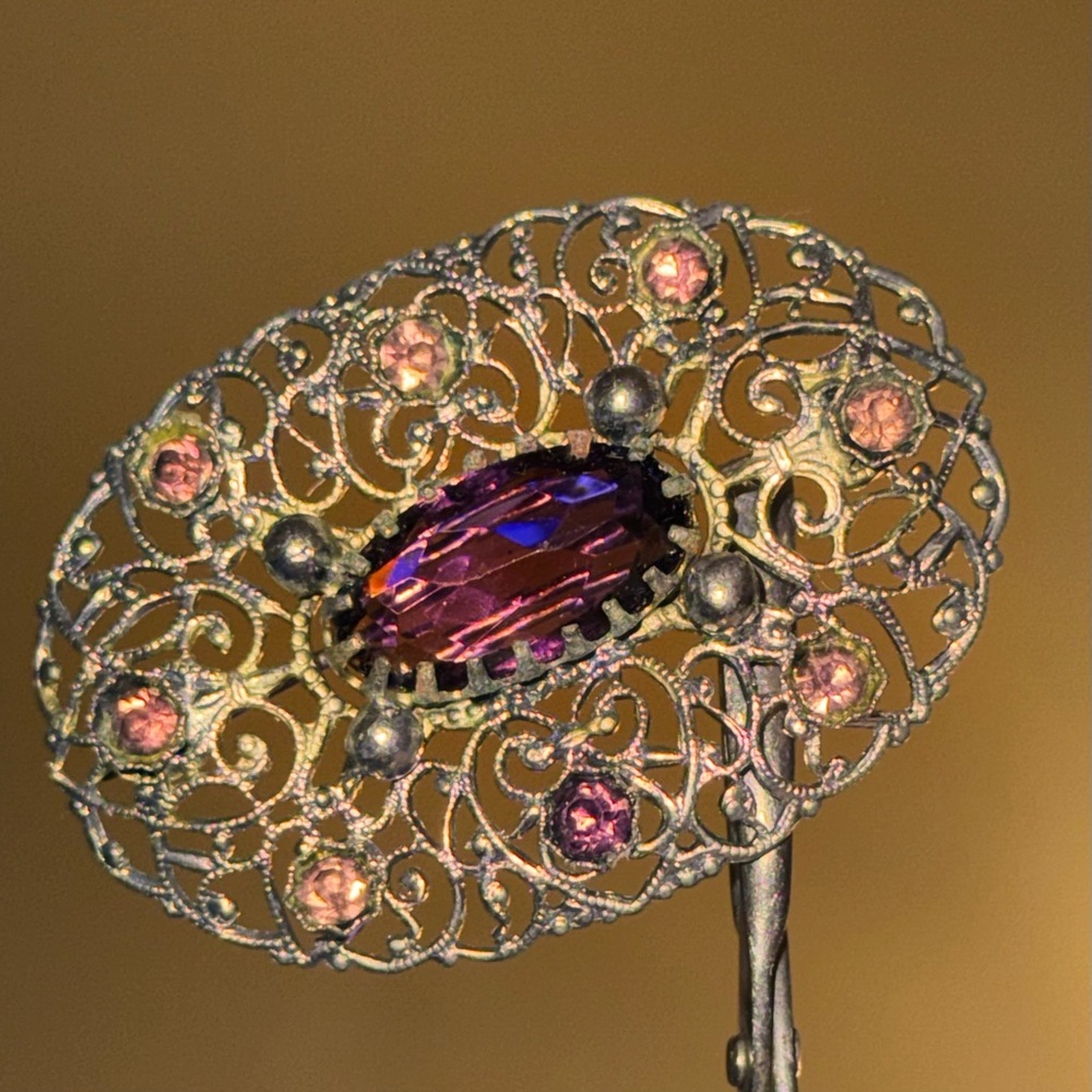 Vintage Victorian Silver Glass Amethyst Antique Brooch - Picture 7 of 16